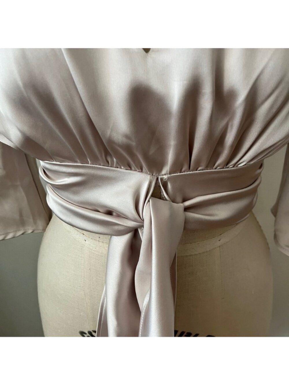 ZARA Silver Satin Cropped Blouse with Bell Sleeves, and Low V-Neck  Size XS - Picture 4 of 7